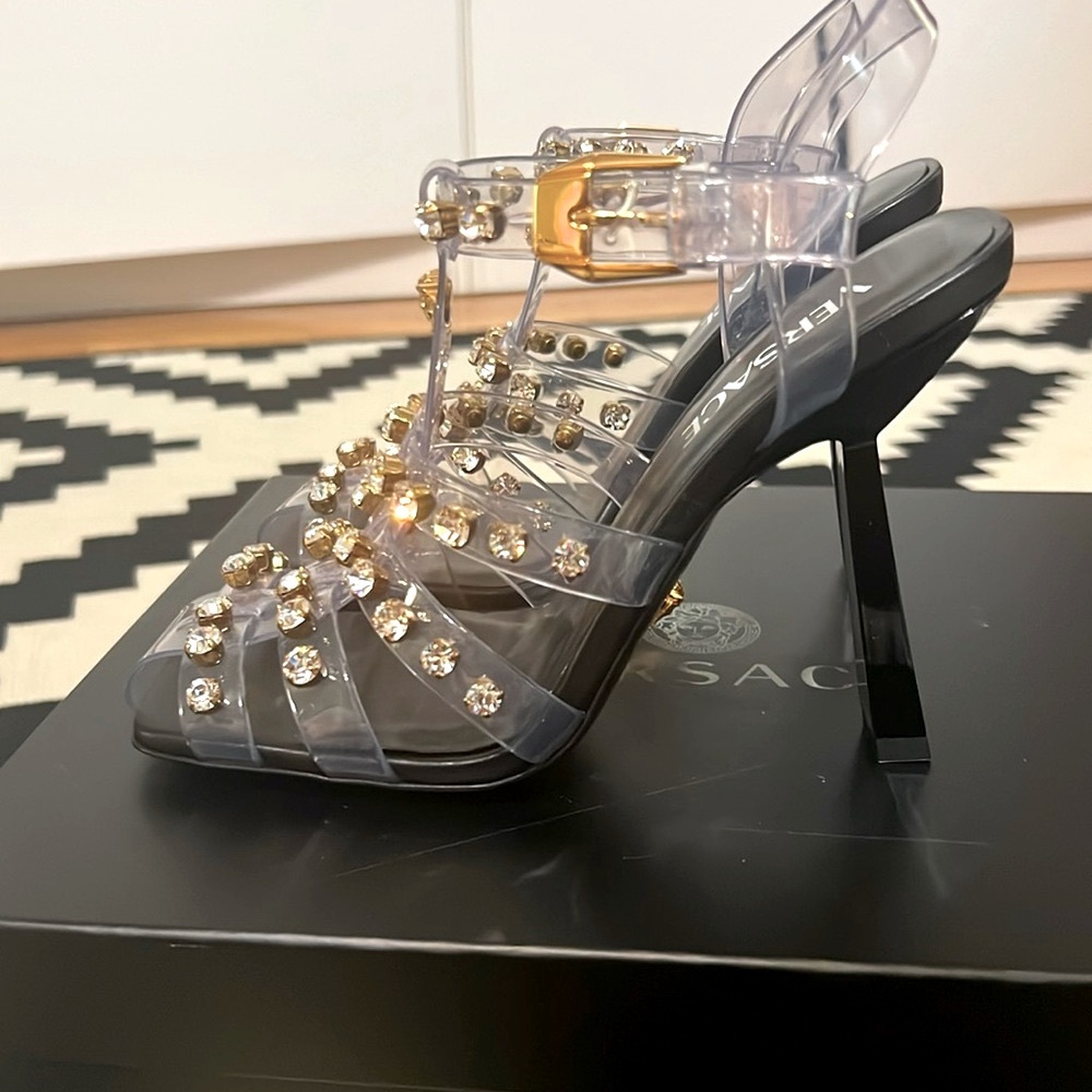 Versace Medusa Square Toe Transparent Rhinestone Accent Caged Sandals
